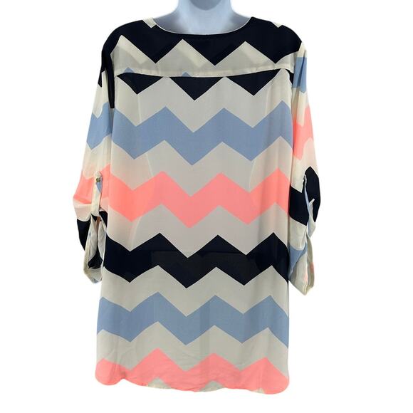 Rue 21 Tunic Top WMNS XL Sheer V-Neck Zip Up White Pink Chevron Roll Tab Sleeves - Picture 3 of 8